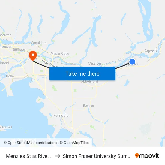 Menzies St at Riverside Dr to Simon Fraser University Surrey Campus map
