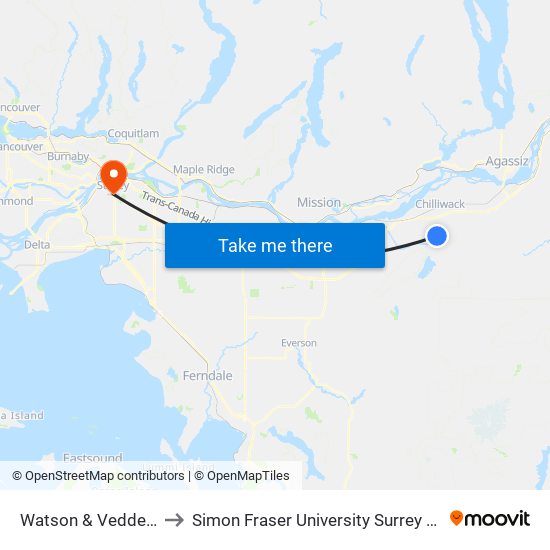 Watson & Vedder (W) to Simon Fraser University Surrey Campus map