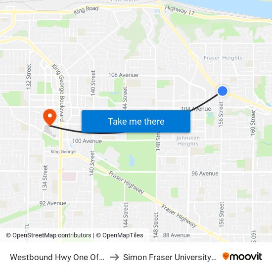 Westbound Hwy One Offramp @ 156 St to Simon Fraser University Surrey Campus map