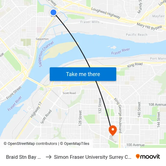 Braid Stn Bay 1,2,3 to Simon Fraser University Surrey Campus map