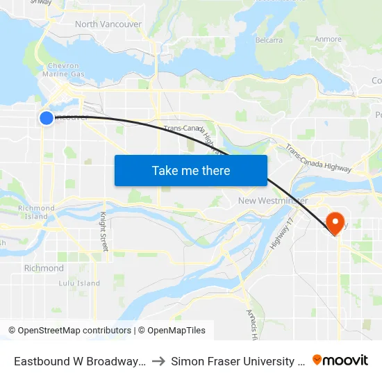 Eastbound W Broadway @ Hemlock St to Simon Fraser University Surrey Campus map