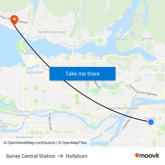 Surrey Central Station to Hollyburn map