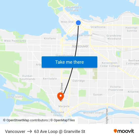 Vancouver to 63 Ave Loop @ Granville St map