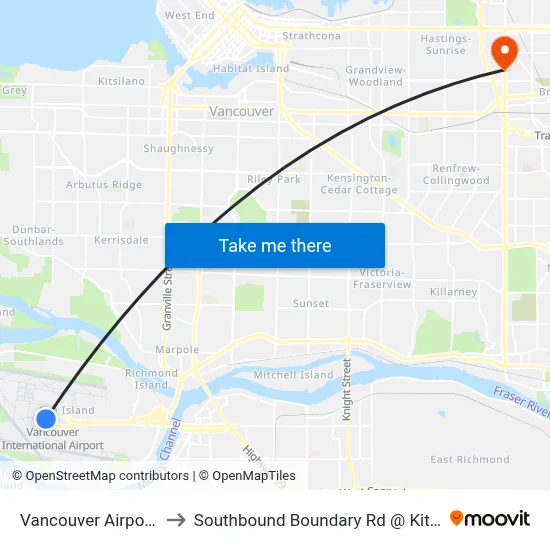Vancouver Airport YVR to Southbound Boundary Rd @ Kitchener St map
