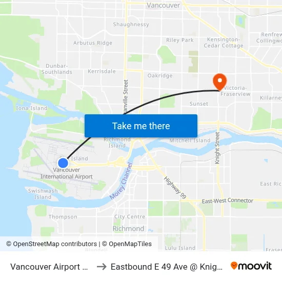 Vancouver Airport YVR to Eastbound E 49 Ave @ Knight St map