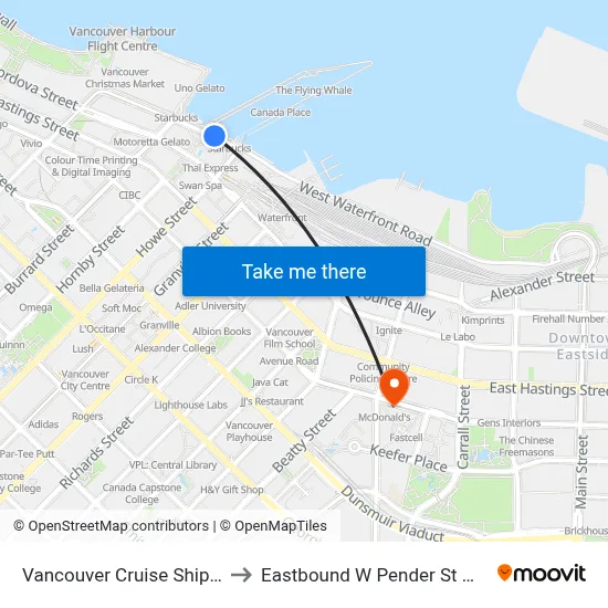 Vancouver Cruise Ship Terminal to Eastbound W Pender St @ Abbott St map