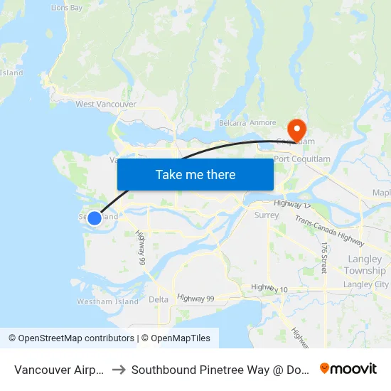 Vancouver Airport YVR to Southbound Pinetree Way @ Douglas College map