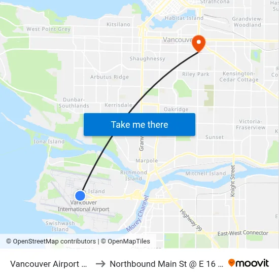 Vancouver Airport YVR to Northbound Main St @ E 16 Ave map