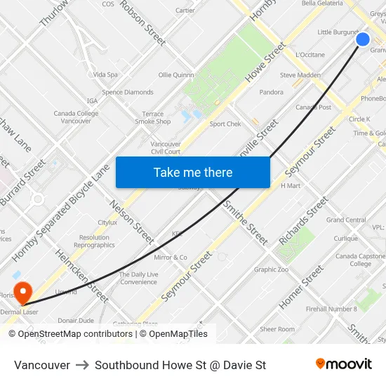 Vancouver to Southbound Howe St @ Davie St map