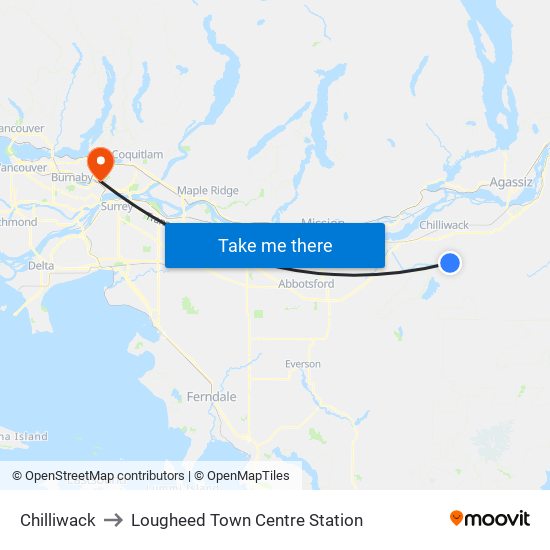 Chilliwack to Lougheed Town Centre Station map