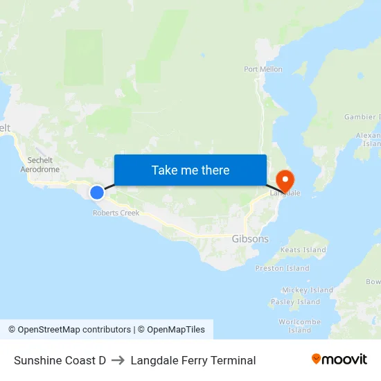 Sunshine Coast D to Langdale Ferry Terminal map