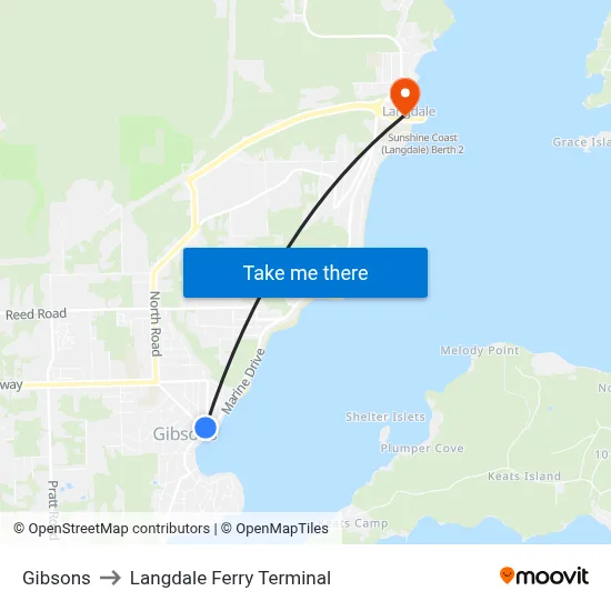 Gibsons to Langdale Ferry Terminal map