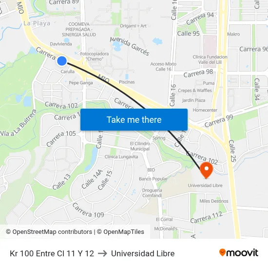 Kr 100 Entre Cl 11 Y 12 to Universidad Libre map