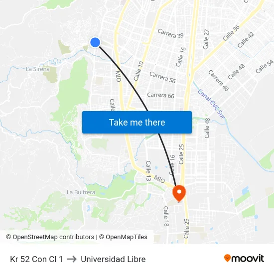 Kr 52 Con Cl 1 to Universidad Libre map