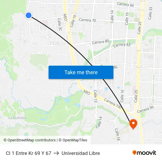 Cl 1 Entre Kr 69 Y 67 to Universidad Libre map