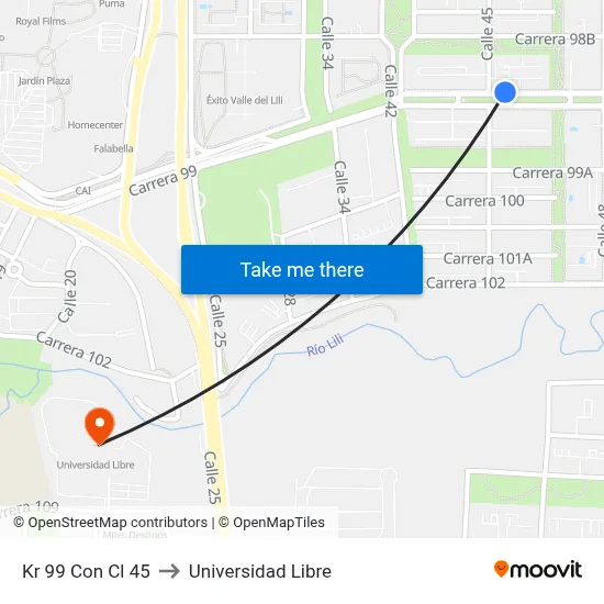 Kr 99 Con Cl 45 to Universidad Libre map
