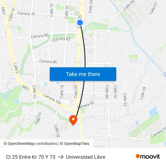 Cl 25 Entre Kr 70 Y 73 to Universidad Libre map