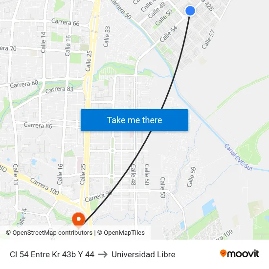 Cl 54 Entre Kr 43b Y 44 to Universidad Libre map