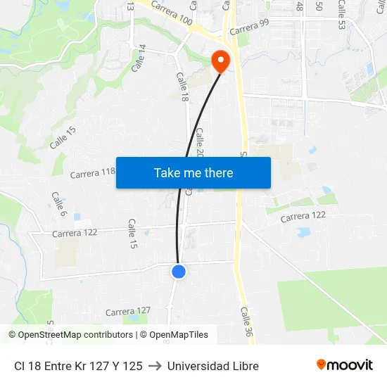 Cl 18 Entre Kr 127 Y 125 to Universidad Libre map