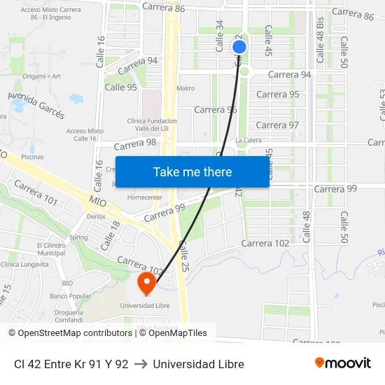 Cl 42 Entre Kr 91 Y 92 to Universidad Libre map