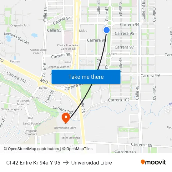 Cl 42 Entre Kr 94a Y 95 to Universidad Libre map