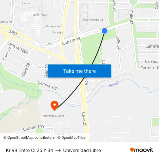 Kr 99 Entre Cl 25 Y 34 to Universidad Libre map