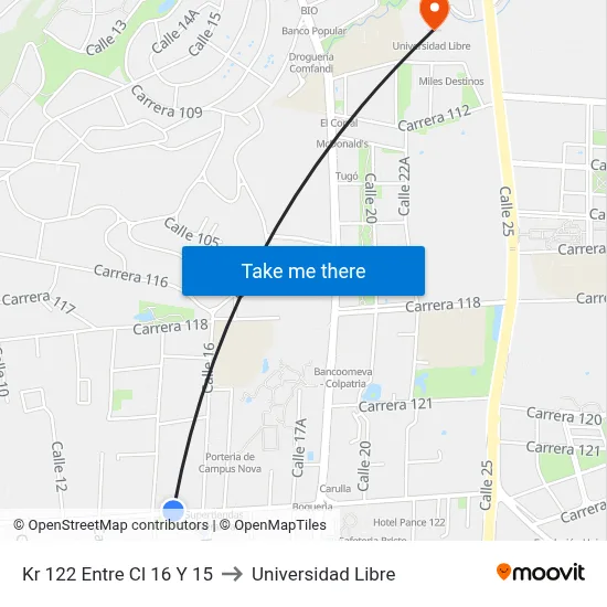 Kr 122 Entre Cl 16 Y 15 to Universidad Libre map