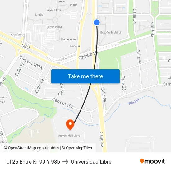 Cl 25 Entre Kr 99 Y 98b to Universidad Libre map