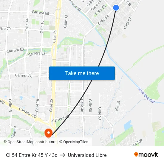 Cl 54 Entre Kr 45 Y 43c to Universidad Libre map