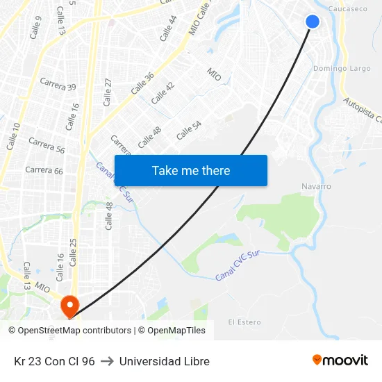 Kr 23 Con Cl 96 to Universidad Libre map