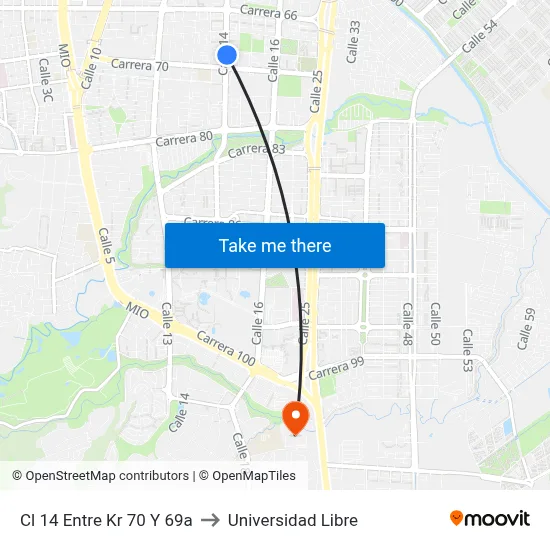 Cl 14 Entre Kr 70 Y 69a to Universidad Libre map