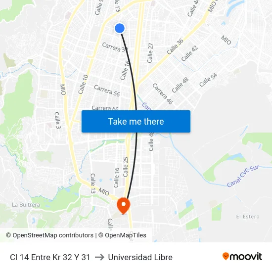 Cl 14 Entre Kr 32 Y 31 to Universidad Libre map