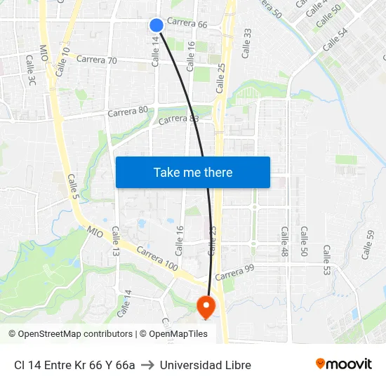 Cl 14 Entre Kr 66 Y 66a to Universidad Libre map