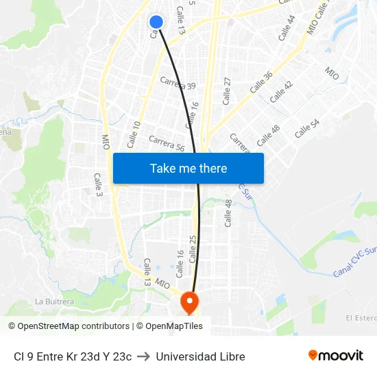Cl 9 Entre Kr 23d Y 23c to Universidad Libre map