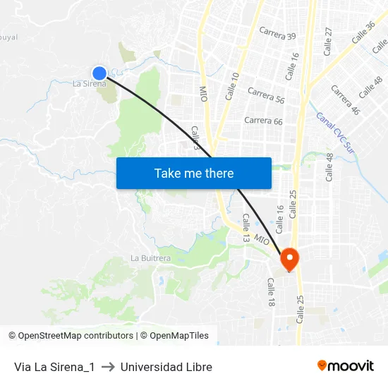 Via La Sirena_1 to Universidad Libre map