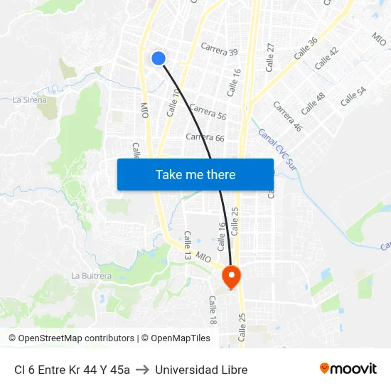 Cl 6 Entre Kr 44 Y 45a to Universidad Libre map