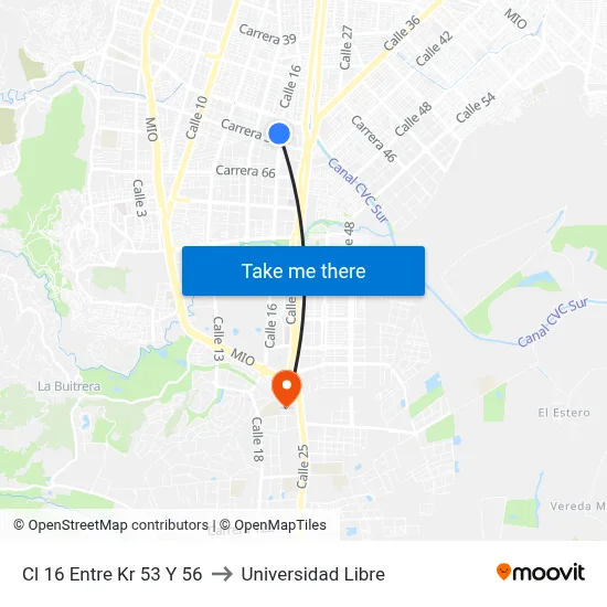 Cl 16 Entre Kr 53 Y 56 to Universidad Libre map