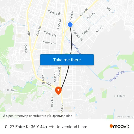 Cl 27 Entre Kr 36 Y 44a to Universidad Libre map