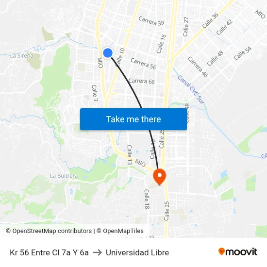 Kr 56 Entre Cl 7a Y 6a to Universidad Libre map