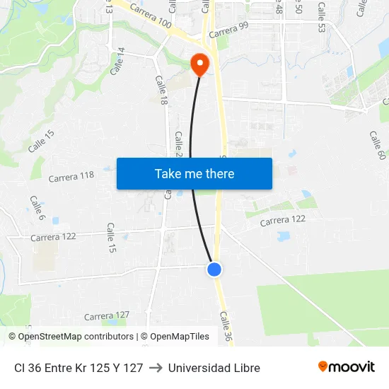 Cl 36 Entre Kr 125 Y 127 to Universidad Libre map
