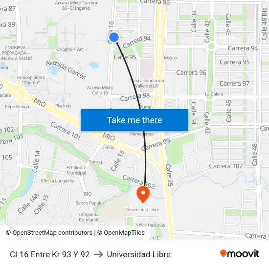 Cl 16 Entre Kr 93 Y 92 to Universidad Libre map