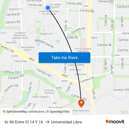 Kr 86 Entre Cl 14 Y 16 to Universidad Libre map