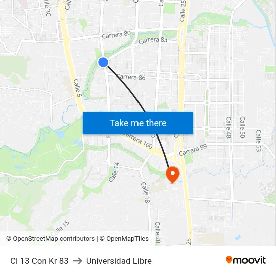 Cl 13 Con Kr 83 to Universidad Libre map