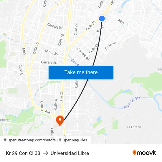 Kr 29 Con Cl 38 to Universidad Libre map