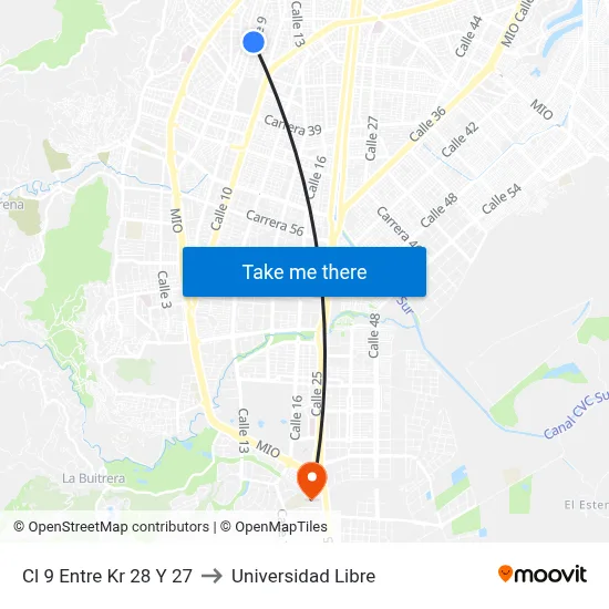 Cl 9 Entre Kr 28 Y 27 to Universidad Libre map