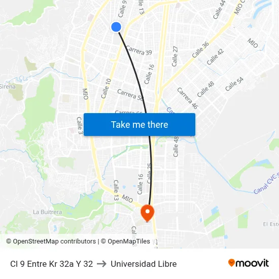 Cl 9 Entre Kr 32a Y 32 to Universidad Libre map