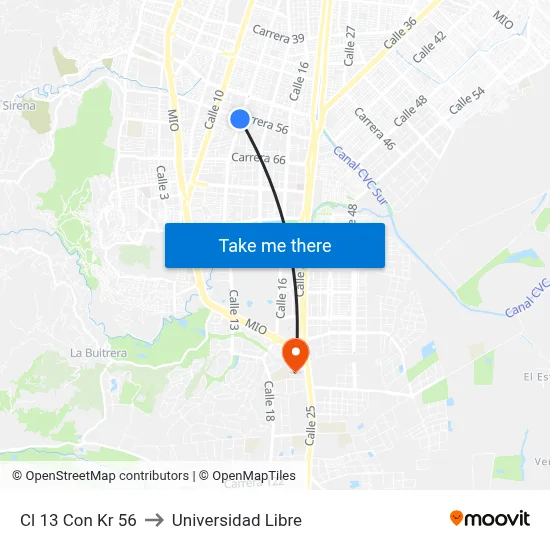 Cl 13 Con Kr 56 to Universidad Libre map