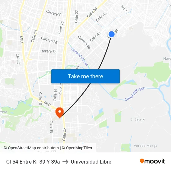 Cl 54 Entre Kr 39 Y 39a to Universidad Libre map