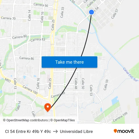 Cl 54 Entre Kr 49b Y 49c to Universidad Libre map