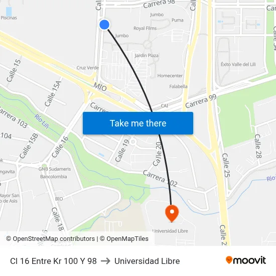 Cl 16 Entre Kr 100 Y 98 to Universidad Libre map